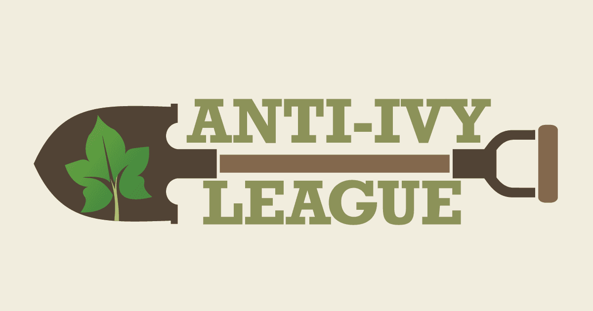 Anti-Ivy League horizontal graphic with shovel and ivy leaf