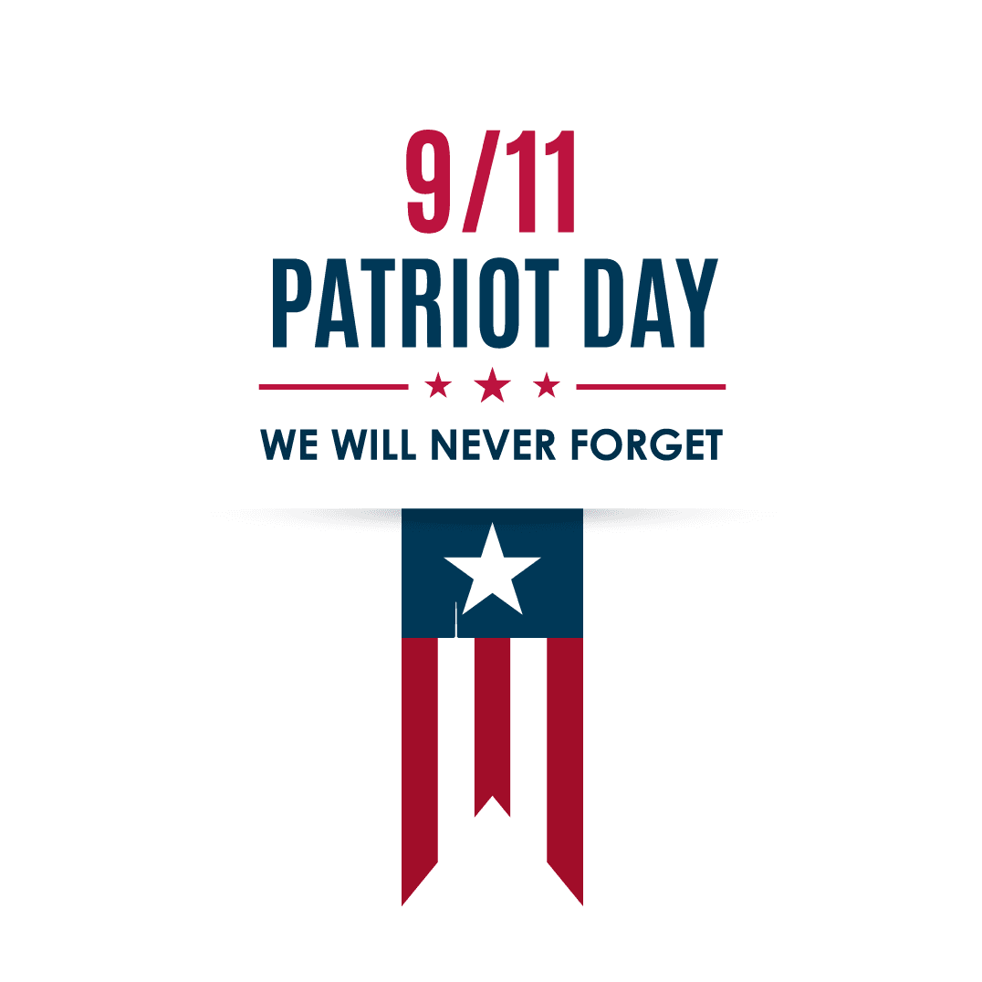 Red and blue stars and banner stating 9/11 Patriot Day, we will never forget.