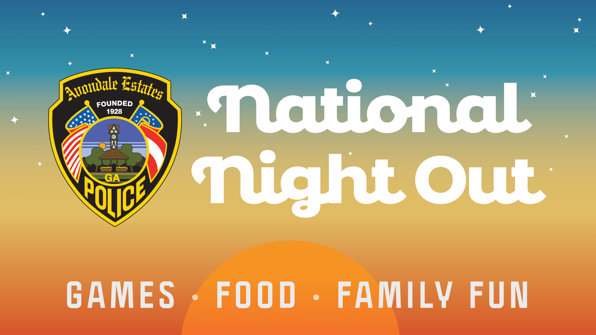 Avondale Estate Police badge on a sunset background National Night Out Games Food and Family Fun