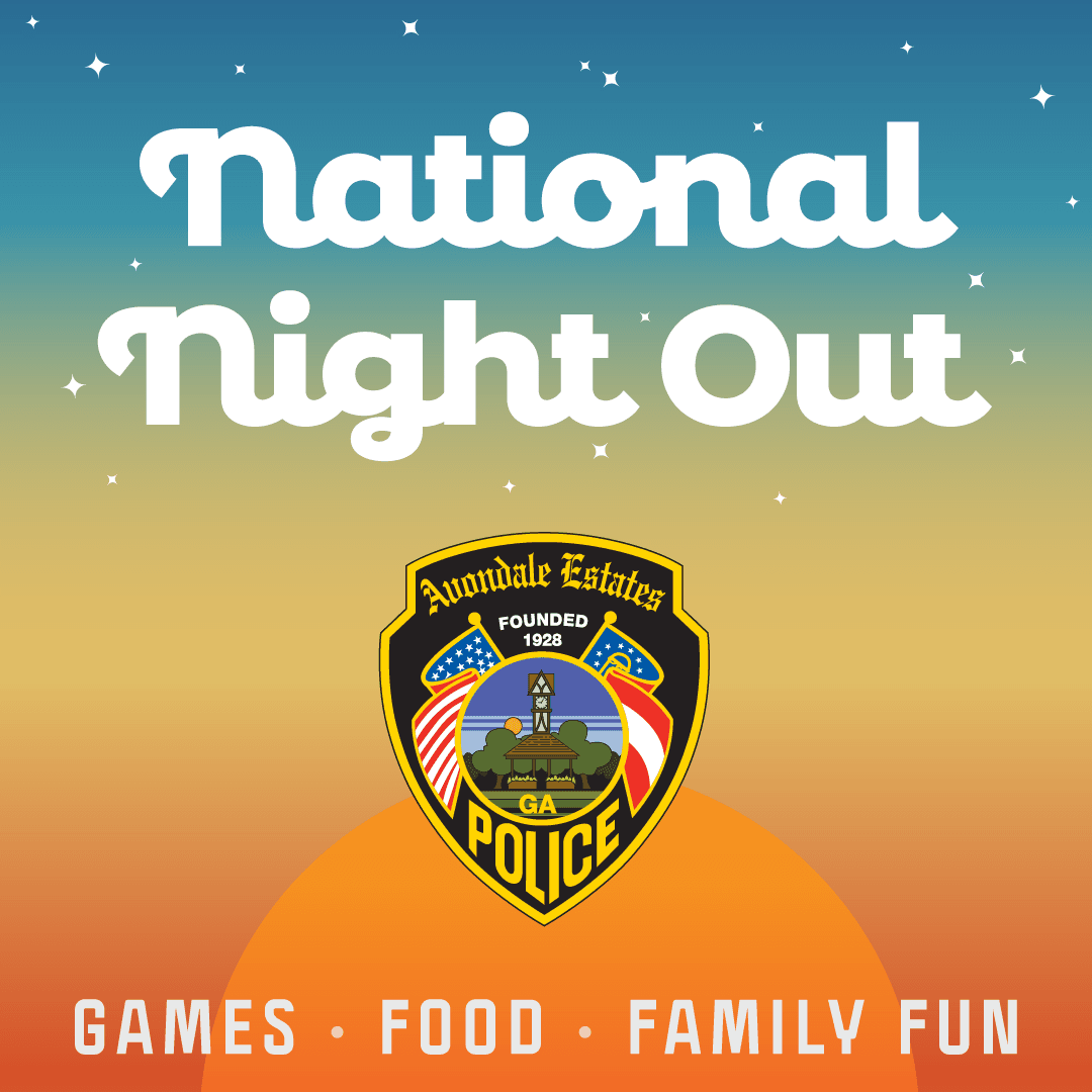 Avondale Estate Police badge on a sunset background National Night Out Games Food and Family Fun