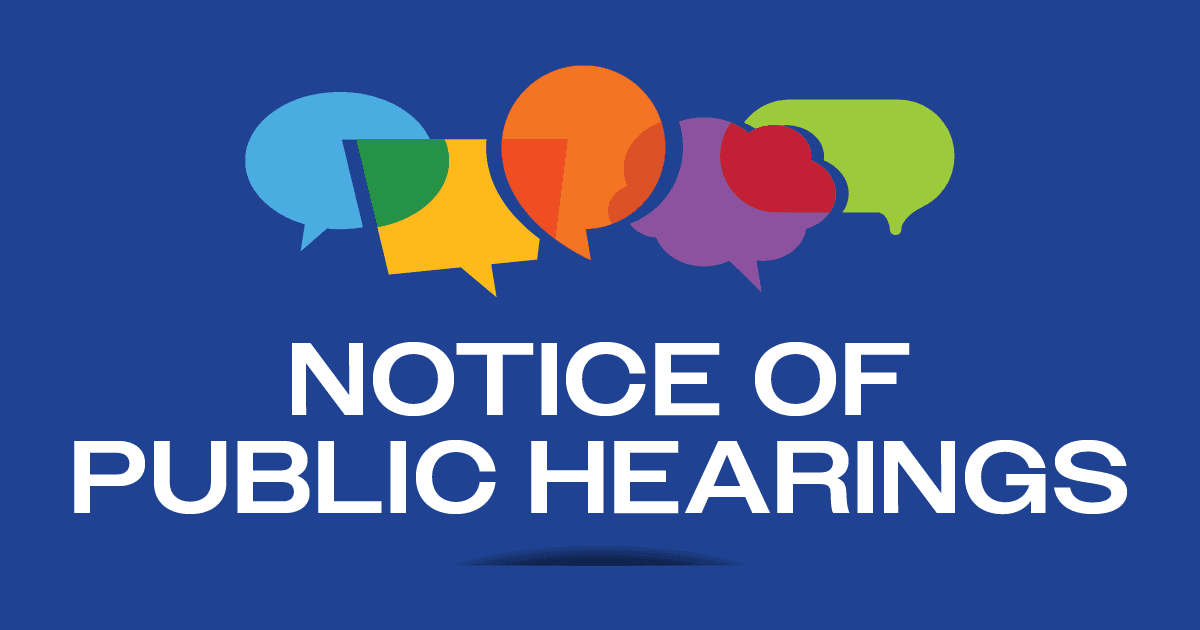 Notice of Public Hearings on blue background with colorful thought bubbles